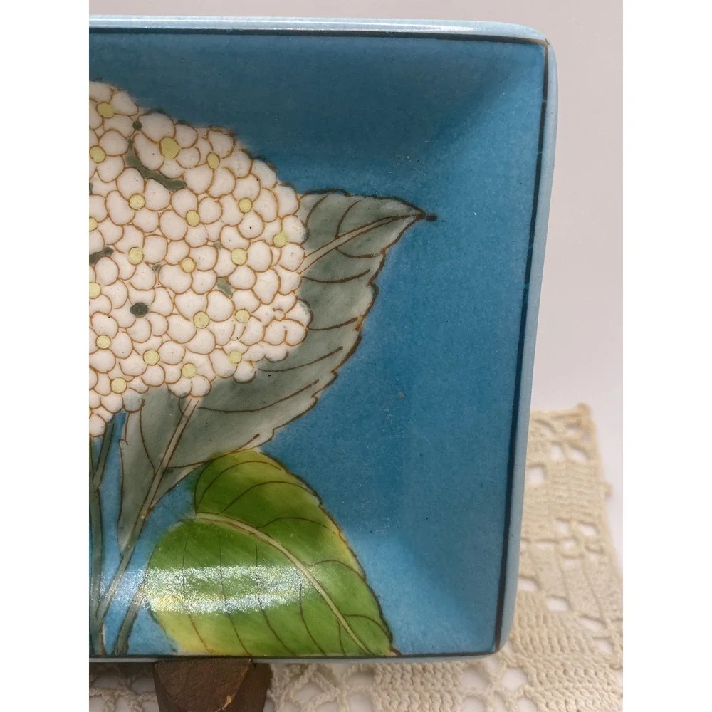 Vintage Hand Painted Hydrangea Trinket Catchall Crazing Soap Dish Small Tray